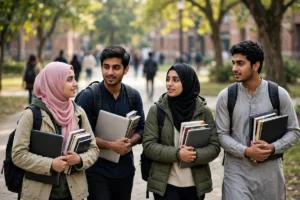 Young Pakistani university students carrying laptops and books on campus