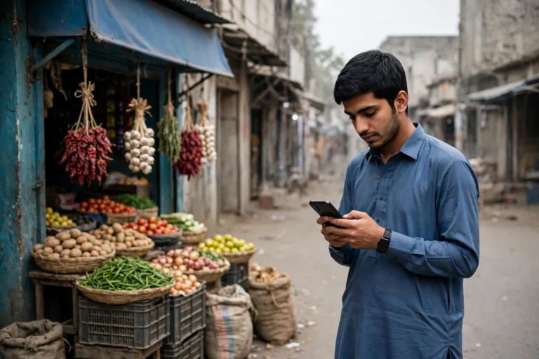 A young Pakistani man checking his phone.