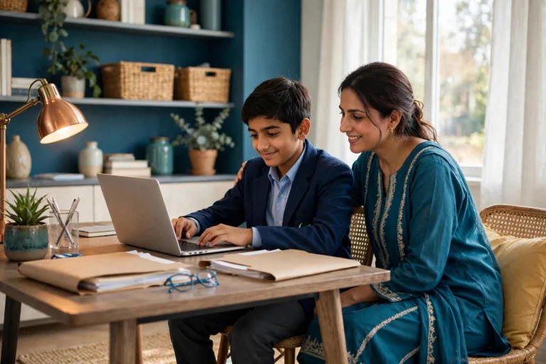 Two students working with documents and a laptop at a desk