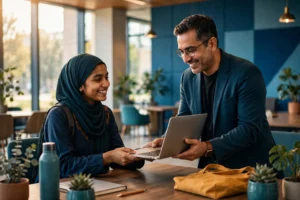 A man handing a laptop to a smiling young student in a bright modern study space