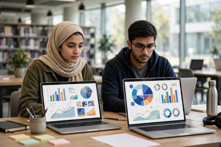 Pakistani university students working on laptops at a library desk