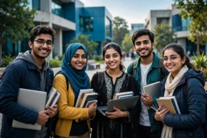 A group of young students standing together outdoors on a campus