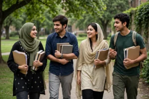 Young Pakistani university students walking on campus carrying books and folders