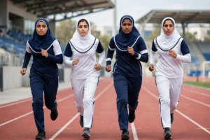 Young Pakistani women athletes in modest full-length navy and white sports kit sprinting on a track in a modern stadium