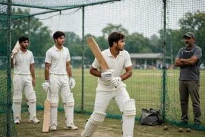 Young Pakistani cricketers practising in the nets with a coach watching