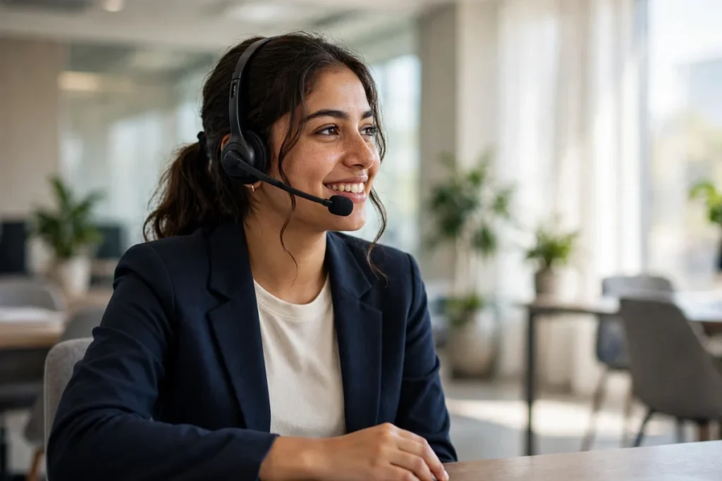 A young Pakistani woman trainee wearing a headset smiling while listening on a mock customer call in a bright modern BPO office
