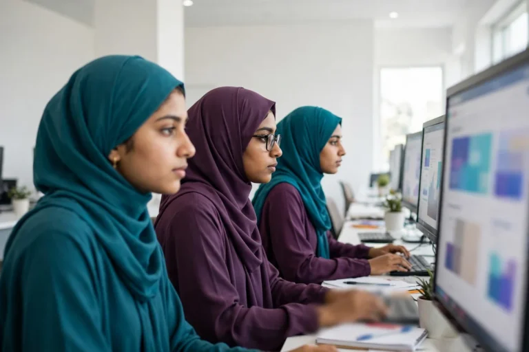 Young Pakistani women in teal and plum hijabs learning at computers in a bright modern IT training lab