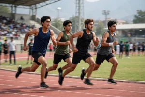 Young Pakistani athletes sprinting on a running track in a stadium