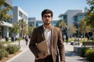 A young Pakistani male university student in a brown blazer and glasses walking toward the camera on a modern campus with a documents folder