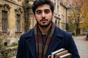 A young Pakistani male graduate student walking toward the camera on a historic university campus in Hungary