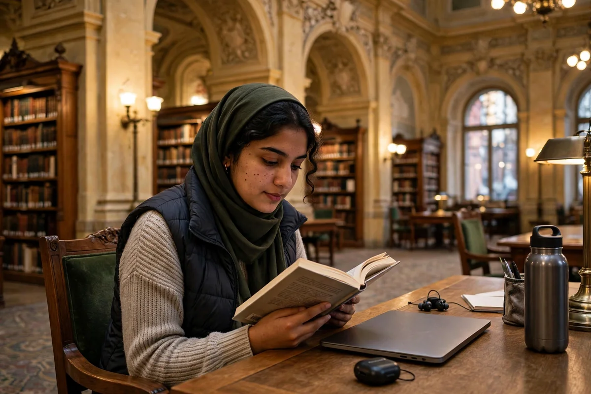 A Pakistani postgraduate student reading a book in a university library