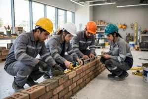 Young Pakistani trainees in safety helmets practising bricklaying and measuring in a bright modern construction training workshop