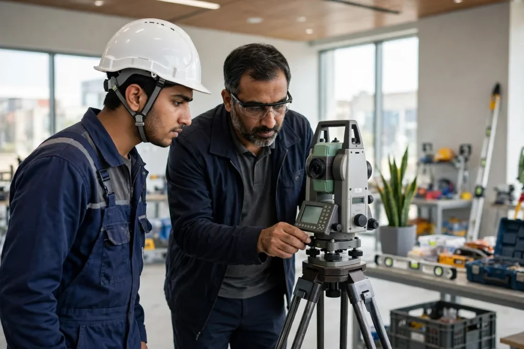 A young Pakistani trainee in a white helmet learning to operate modern surveying equipment from an instructor