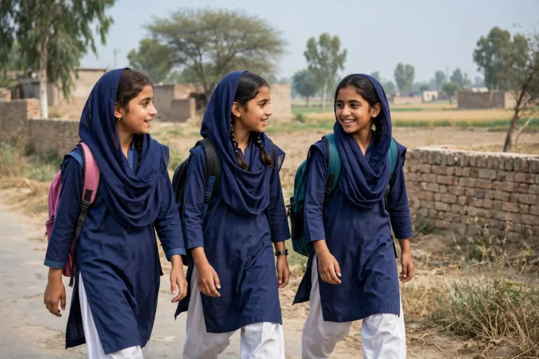 Pakistani schoolgirls in uniforms walking to school with backpacks