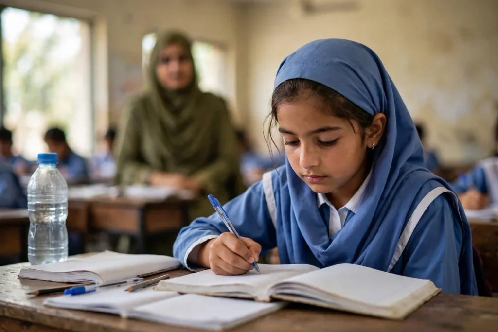 A Pakistani schoolgirl writing in a notebook in a classroom